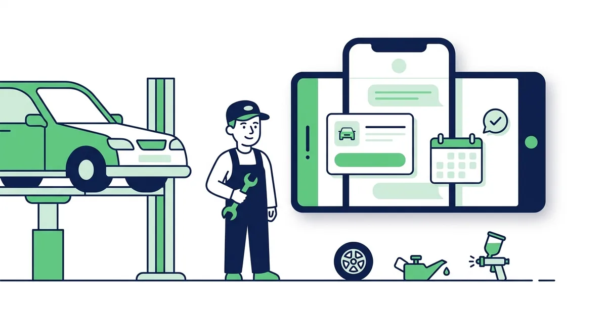 Illustration: a car on a workshop lift next to a phone showing a LINE chat with a booking confirmation