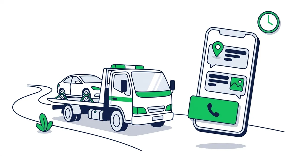 A flatbed tow truck next to a phone showing a LINE chat with a location pin and a call button